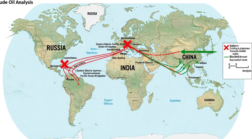 세계지도에 러시아에서 인도와 중국으로 향하는 원유 파이프라인이 표시되고, 인도 쪽에는 빨간 X표, 중국 쪽에는 녹색 화살표가 그려진 지정학적 분석 차트