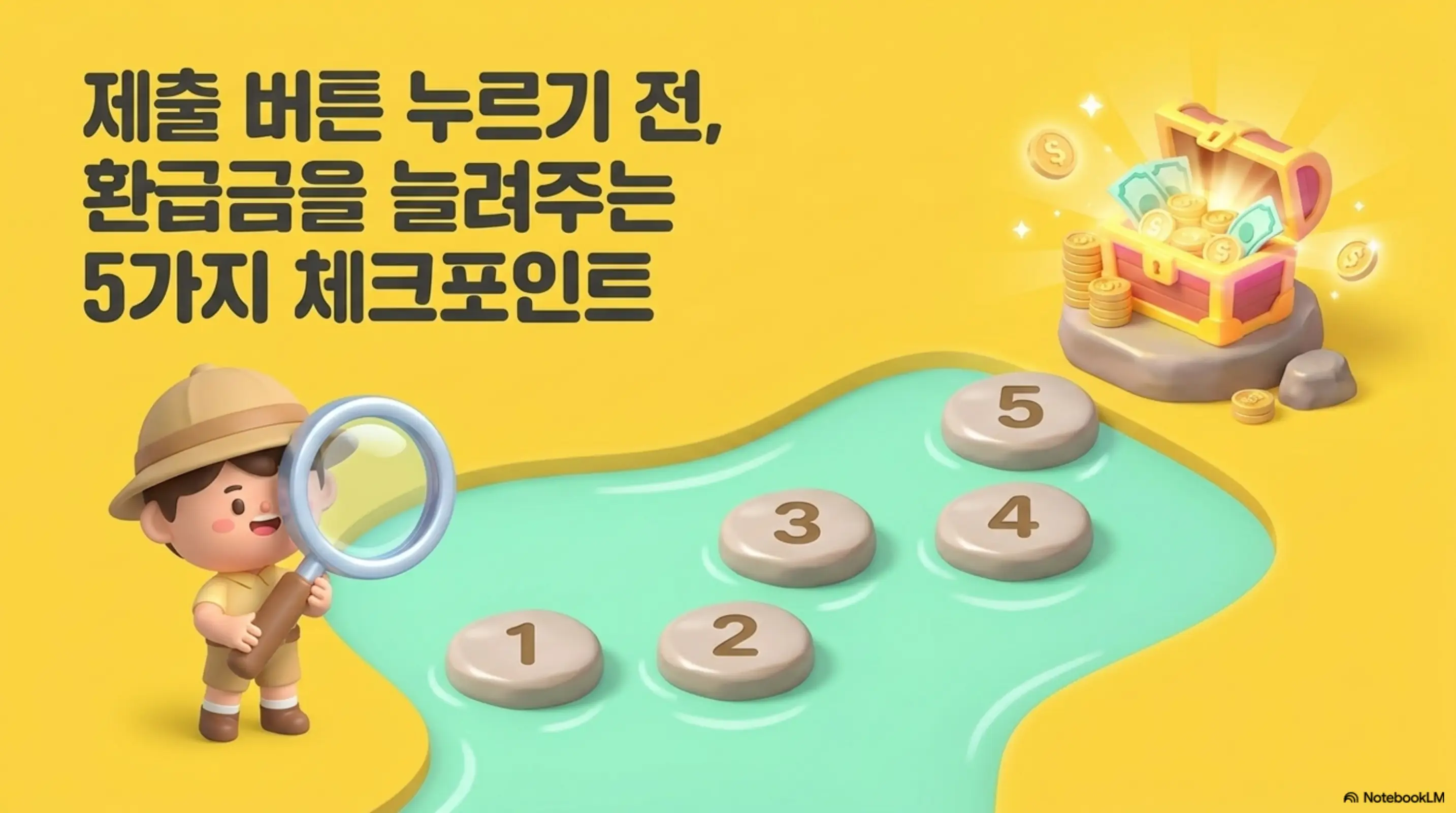 종합소득세 환급 체크포인트: 탐험가 복장의 캐릭터가 돋보기를 들고 1부터 5까지 번호가 적힌 징검다리를 따라가면 끝에 금화가 가득한 보물상자가 있는 일러스트이다. 상단에 &amp;#39;제출 버튼 누르기 전&amp;#44; 환급금을 늘려주는 5가지 체크포인트&amp;#39;라는 문구가 적혀 있다. 이 이미지는 모두채움 신고서 제출 전 환급금을 늘리기 위한 5단계 점검 과정을 시각적으로 전달하며&amp;#44; 블로그의 종합소득세 환급 더 받는 체크포인트와 관련된 내용을 설명함 