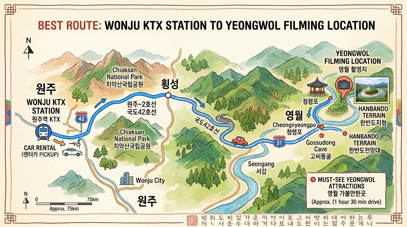 KTX 원주역에서 내려 렌터카로 영월 촬영지까지 이동하는 최적의 경로 지도