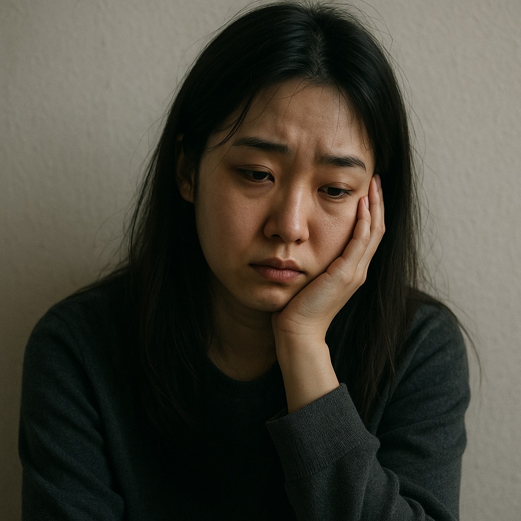 갱년기로 인해 우울한 감정을 겪고 있는 중년 여성의 모습, 실내에서 고개를 숙인 채 깊은 생각에 잠긴 표정