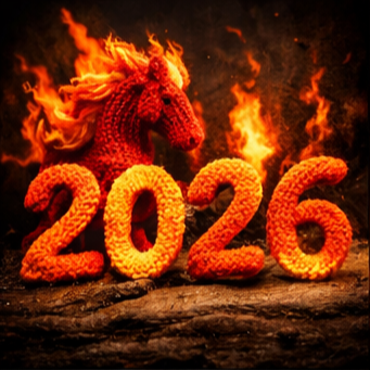 뜨개질로 만든 2026년 말띠해의 그림