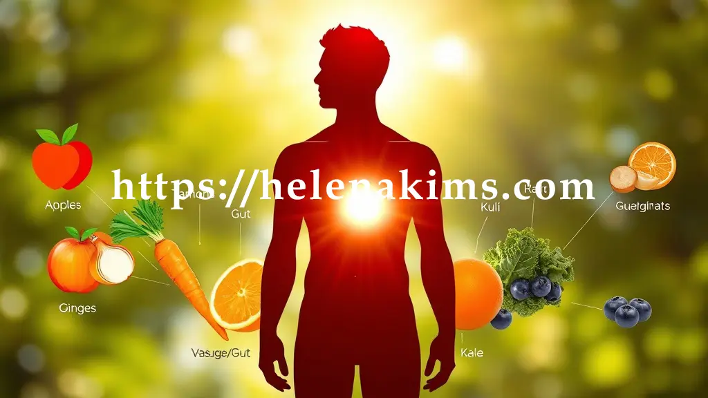 중앙에는 활기찬 인간 실루엣, 그 주변으로 사과, 당근, 양파, 생강, 귤/오렌지, 케일, 블루베리 등 7가지 청혈 주스 핵심 식재료들이 깔끔하고 아이코닉한 형태로 각각의 효능(예: 심장, 뇌, 장, 혈관 등)을 상징하는 작은 빛줄기나 패턴과 함께 떠오르며 조화롭게 배치된 이미지.