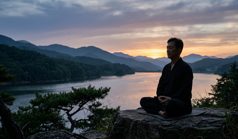 차분하고 신뢰감을 주는 자연 풍경 명상하는 사람의 실루엣 이미지
