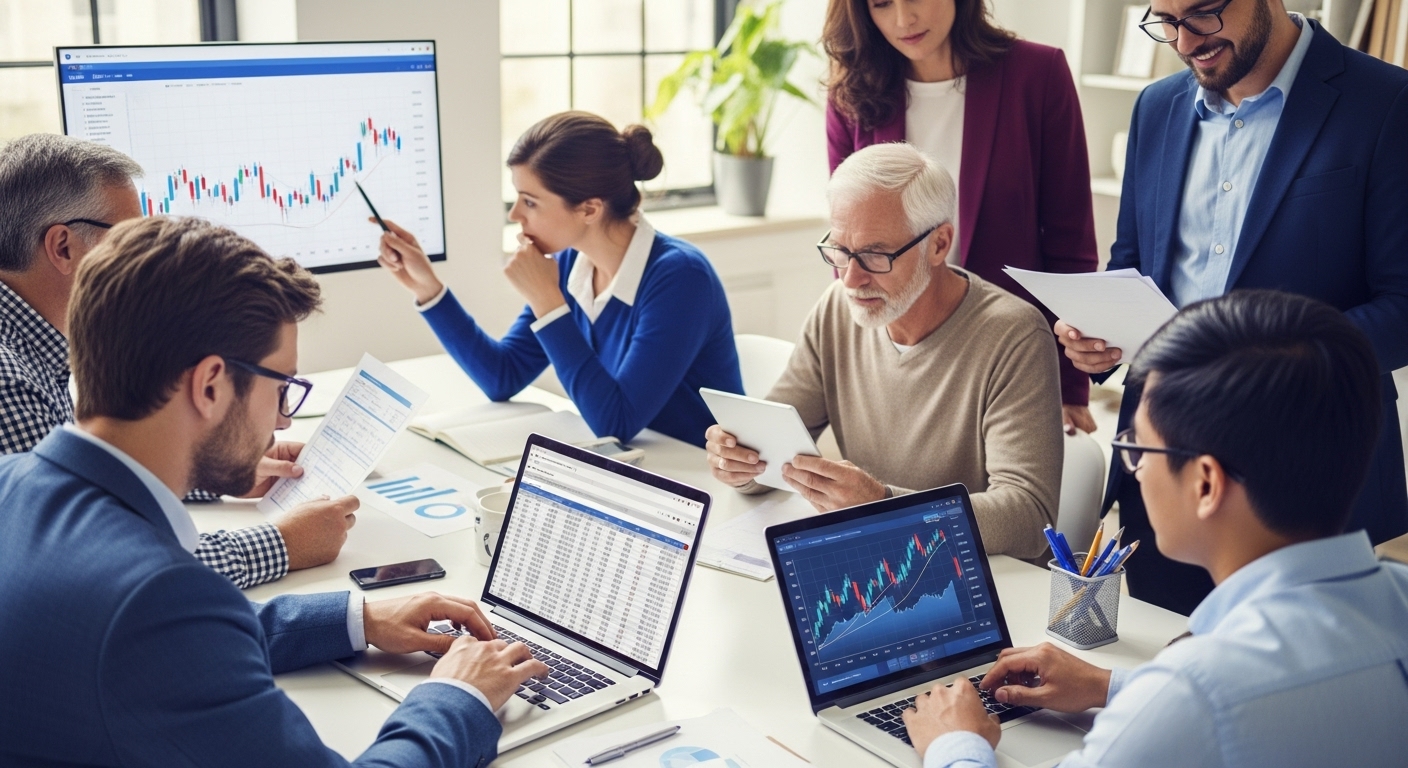 시장 분석과 학습, 전문가의 조언을 통해 현명한 대출 투자를 준비하는 사람들의 모습.