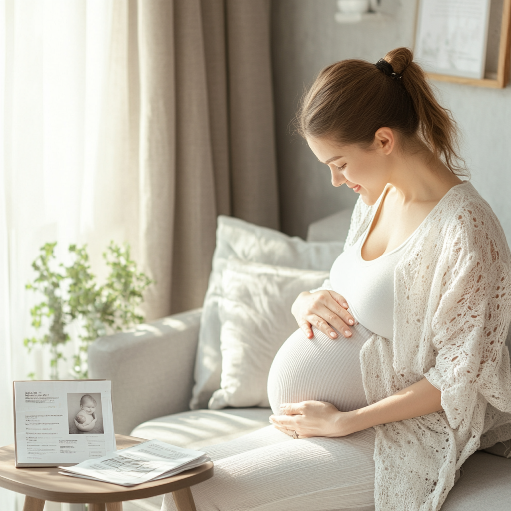 만삭의 임산부가 배를 만지며 웃고 있다