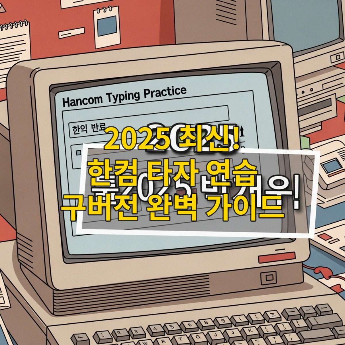 2025년 최신 한컴 타자 연습 구버전이 실행된 컴퓨터 화면, 편안한 느낌의 배경에서 사용자가 집중하여 타자 연습을 하는 모습