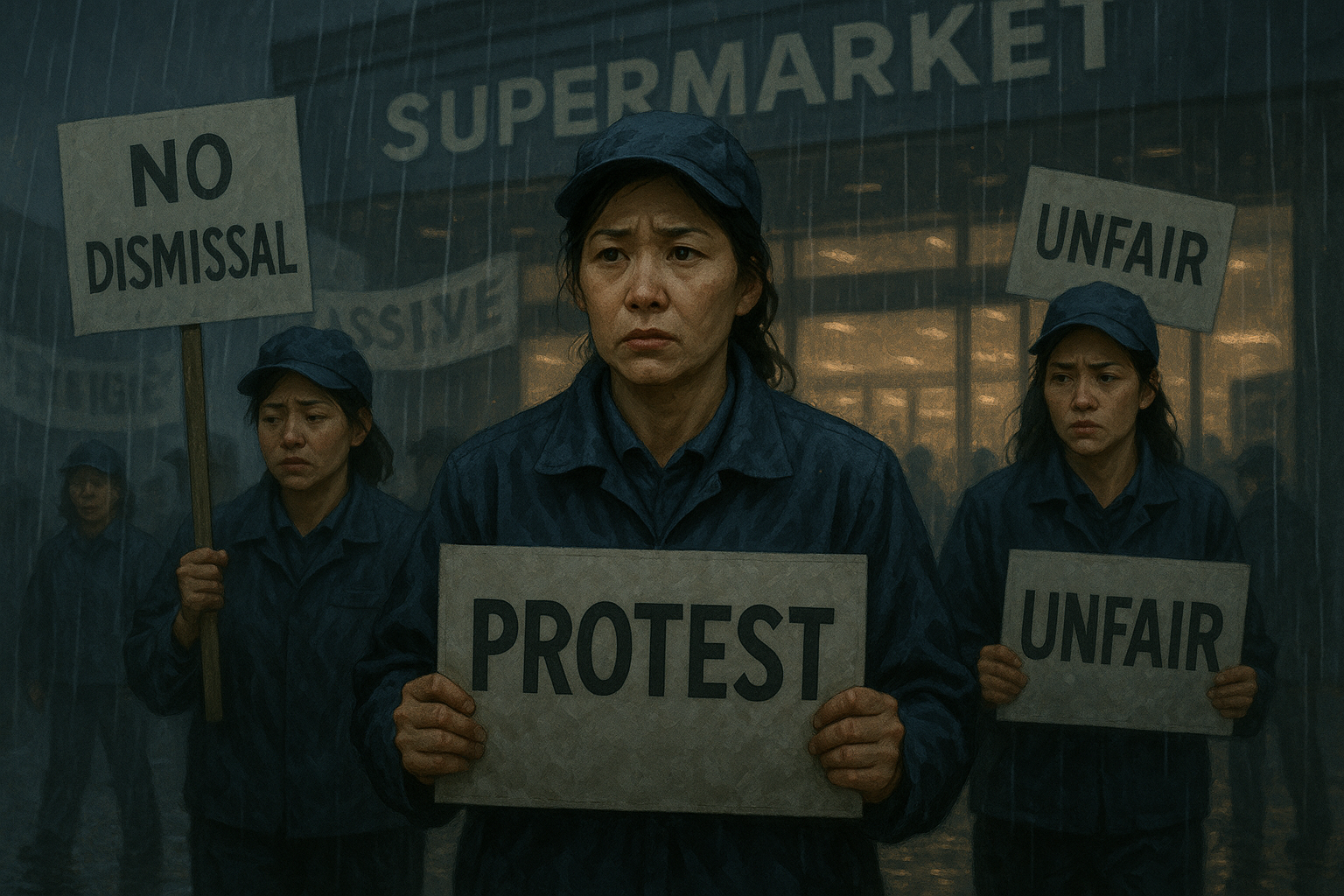 “비 내리는 대형마트 앞에서 피켓을 든 여성 노동자들의 일러스트. 절박함과 연대의 감정이 강하게 느껴지는 장면으로, 노동자들의 투쟁과 인간적 존엄성을 상징적으로 표현한 이미지.”