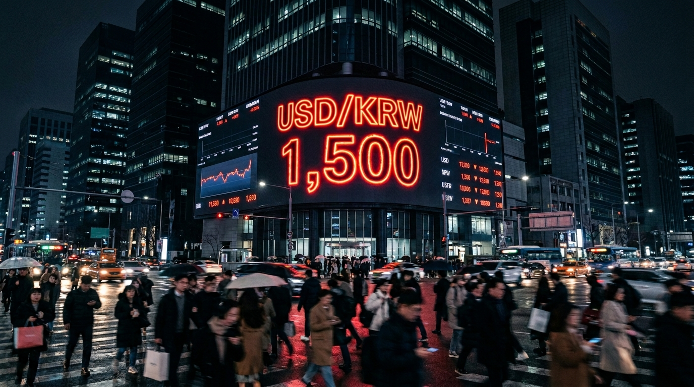 텍스트 없이, 붉은색 환율 전광판의 1,500 숫자와 황금빛 달러 기호가 얽혀 있는 긴박한 분위기의 금융 이미지