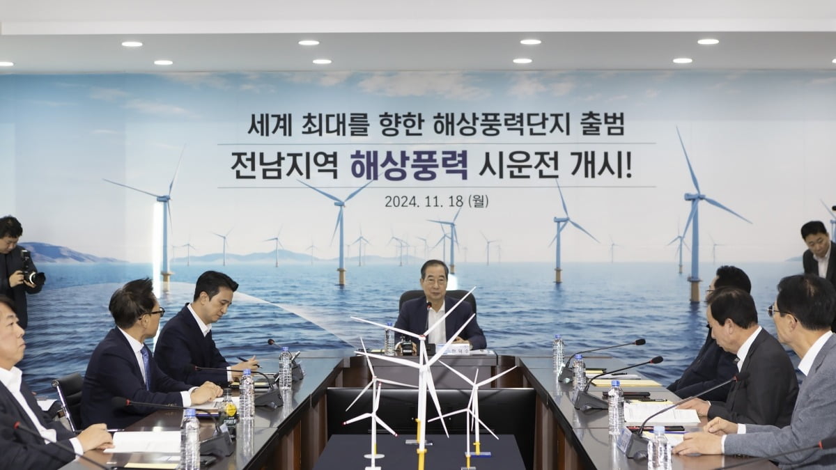 한덕수 국무총리가 18일 전남 목포시 목포신항만에서 열린 해상풍력발전 간담회에서 발언하고 있다. 왼쪽부터 이남철 (주)한화 전무, 유태승 COP Korea 공동대표, 추형욱 SK이노베이션 E&S 사장, 한덕수 국무총리, 김영록 전남도지사, 박홍률 목포시장, 박우량 신안군수.