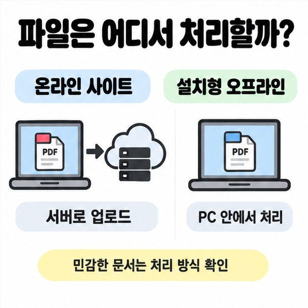 온라인 사이트는 파일을 서버로 업로드하고 설치형 오프라인은 PC 안에서 처리하는 차이를 비교한 이미지
