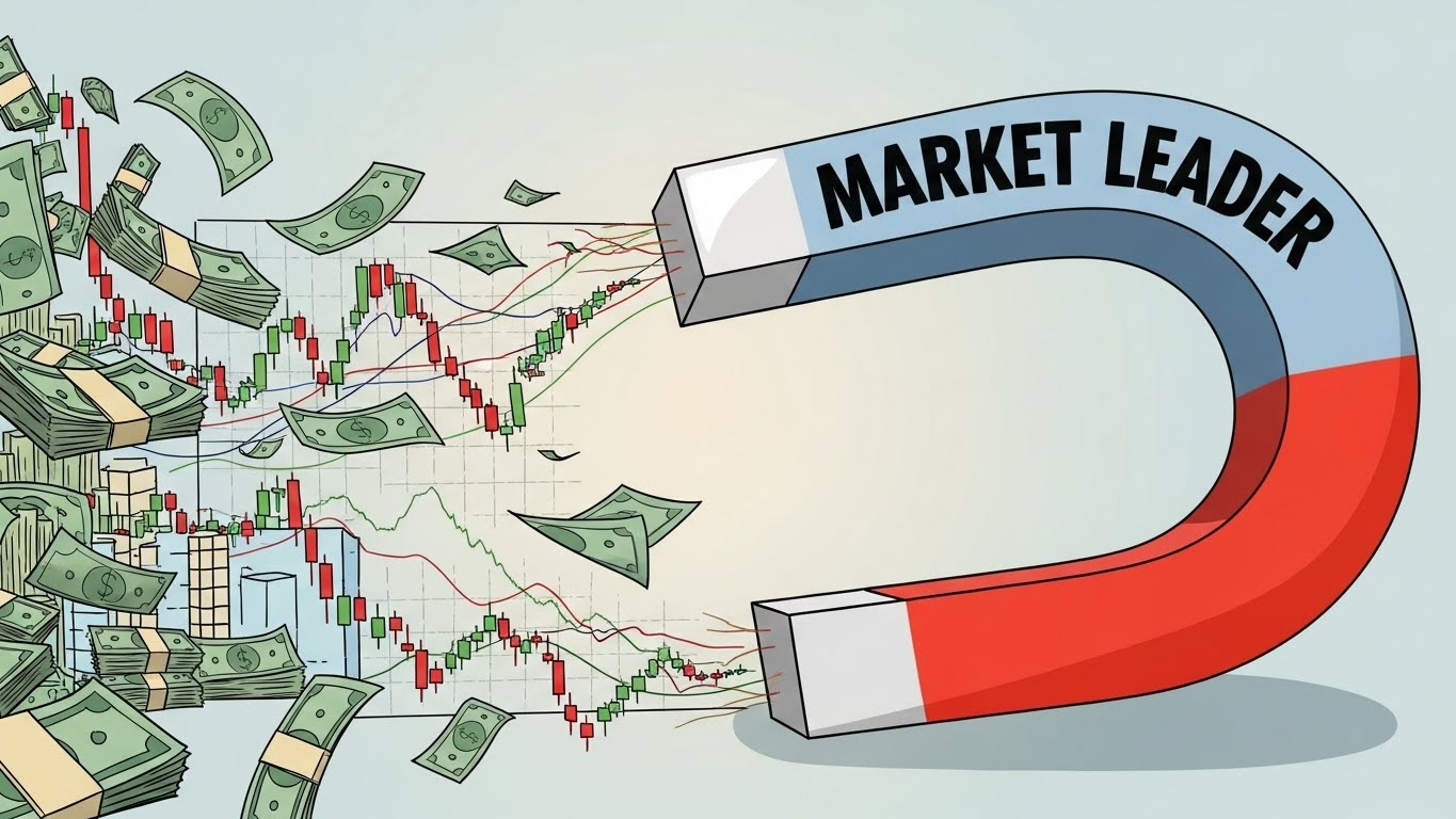 Illustration of a giant magnet attracting bundles of money and stock charts. The magnet is labeled 'Market Leader'.