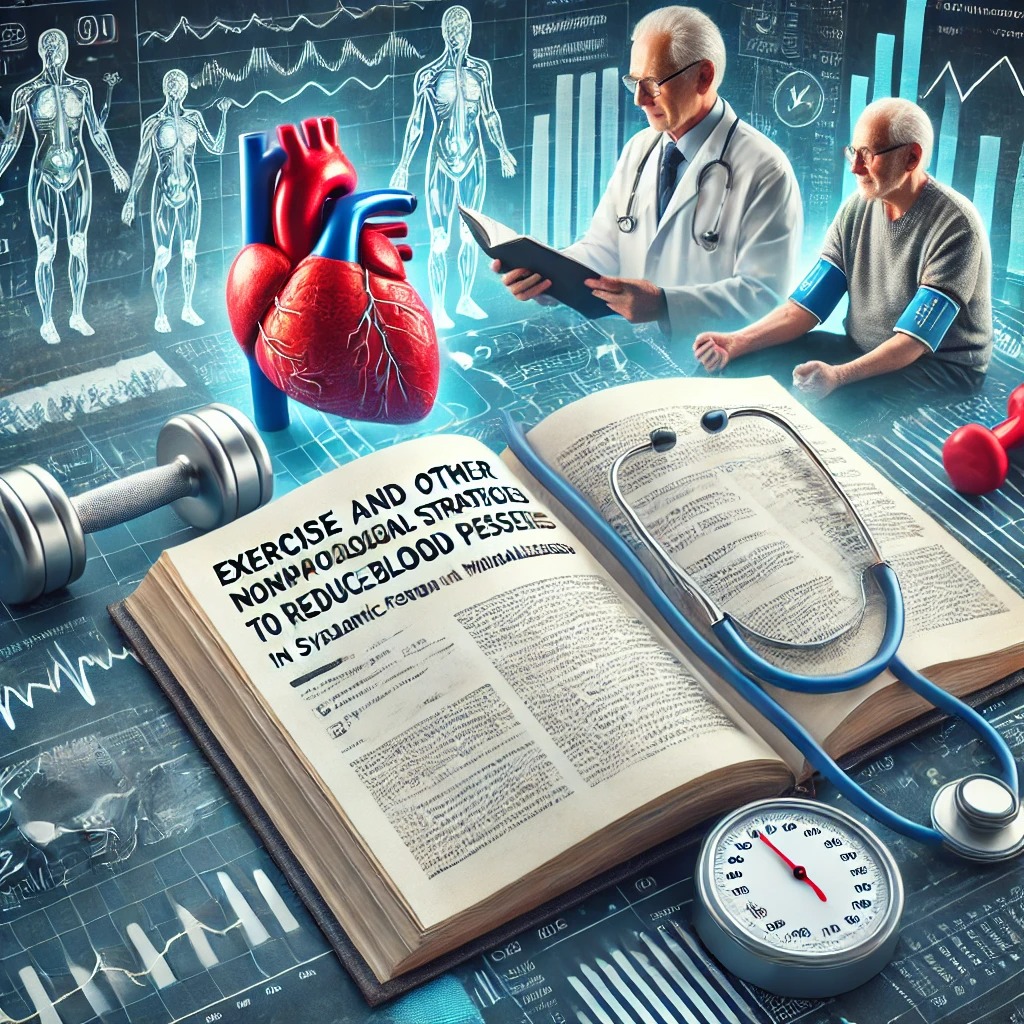 심장 건강, 운동 및 연구 데이터의 상징으로 둘러싸인 공개 의학 저널