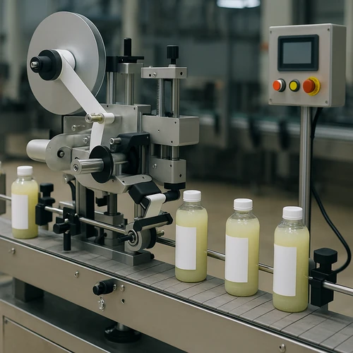 공장 생산 라인에서 자동 라벨부착기가 병 제품에 라벨을 부착하는 산업용 자동화 장면