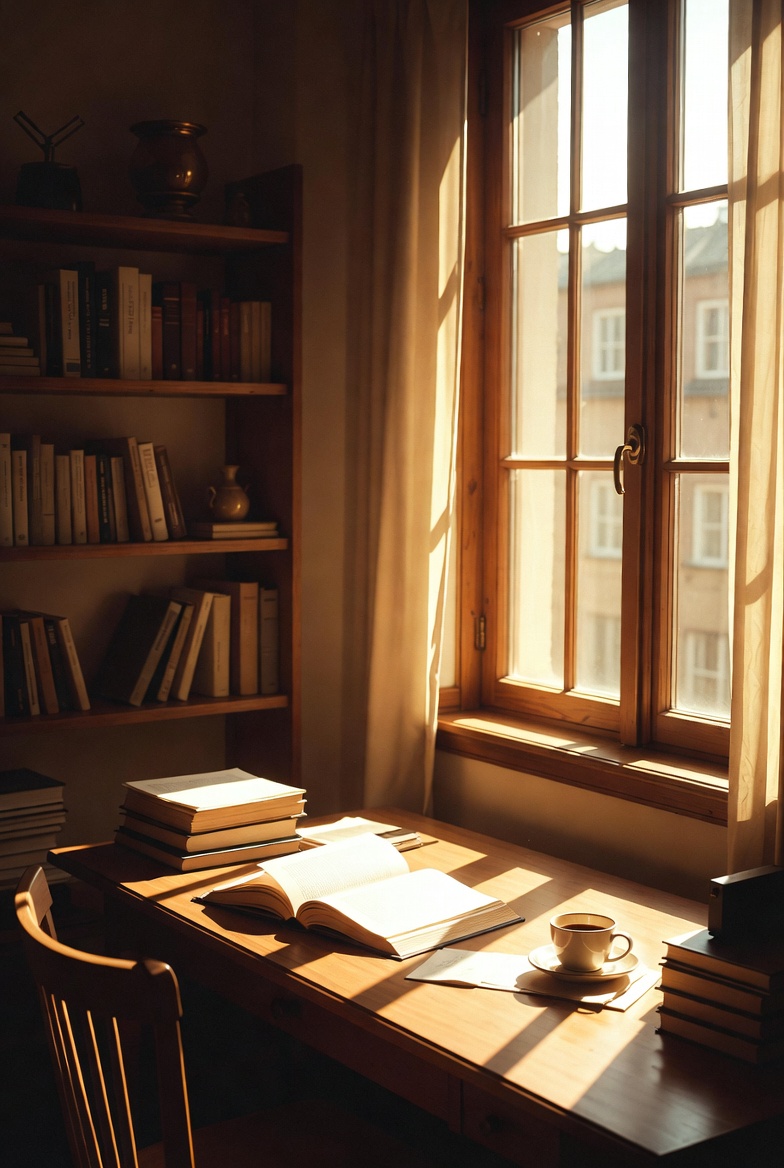 창가 옆 책상과 책이 놓인 실내 공간
