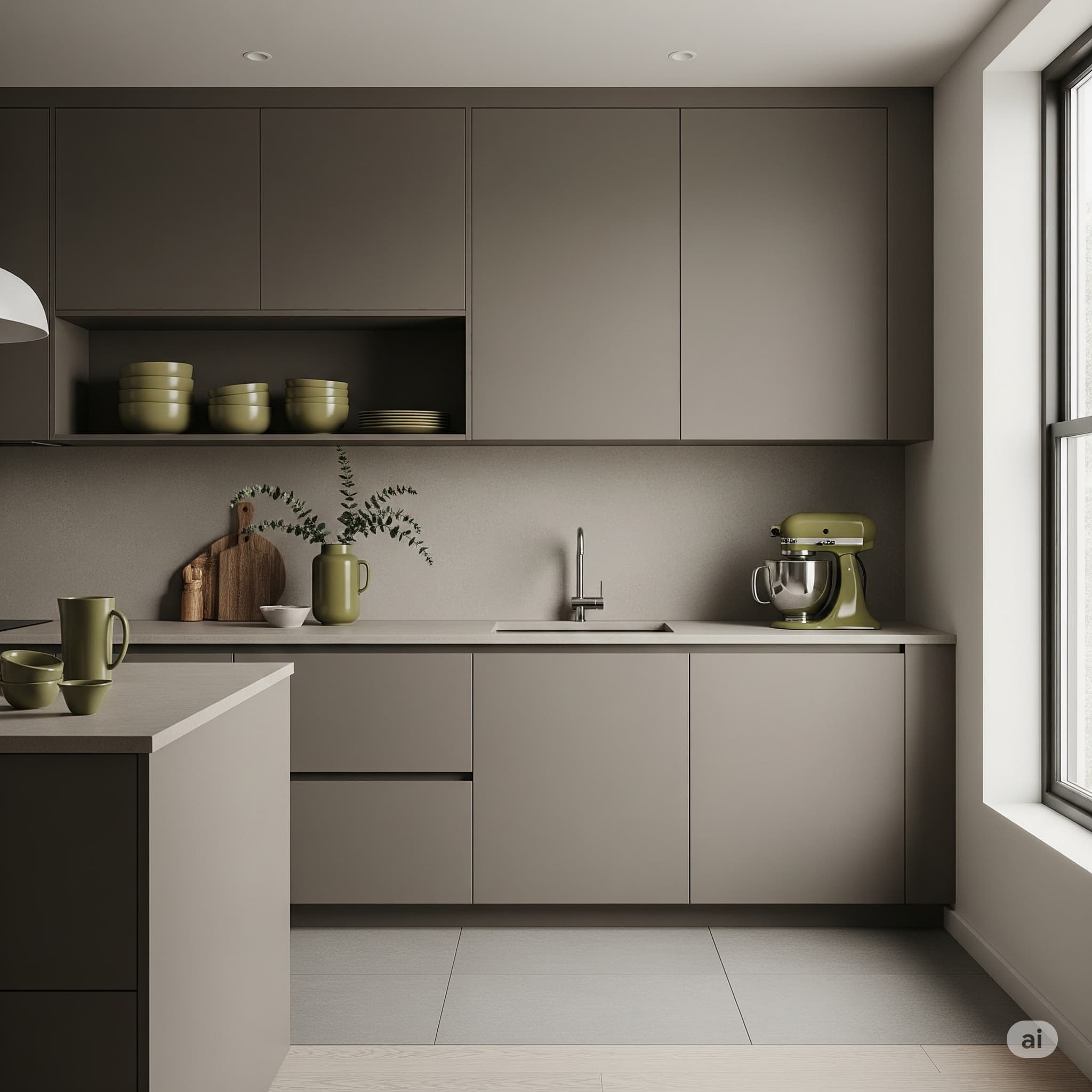 웜 그레이 톤 주방에 올리브 컬러 소품을 포인트로 활용한 미니멀 인테리어