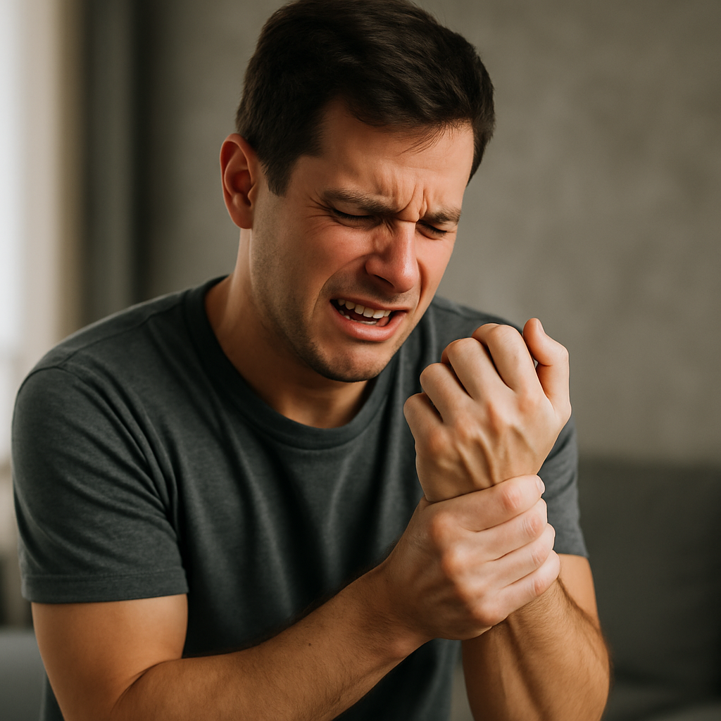 손목을 움켜쥐며 고통스러워하는 젊은 남성