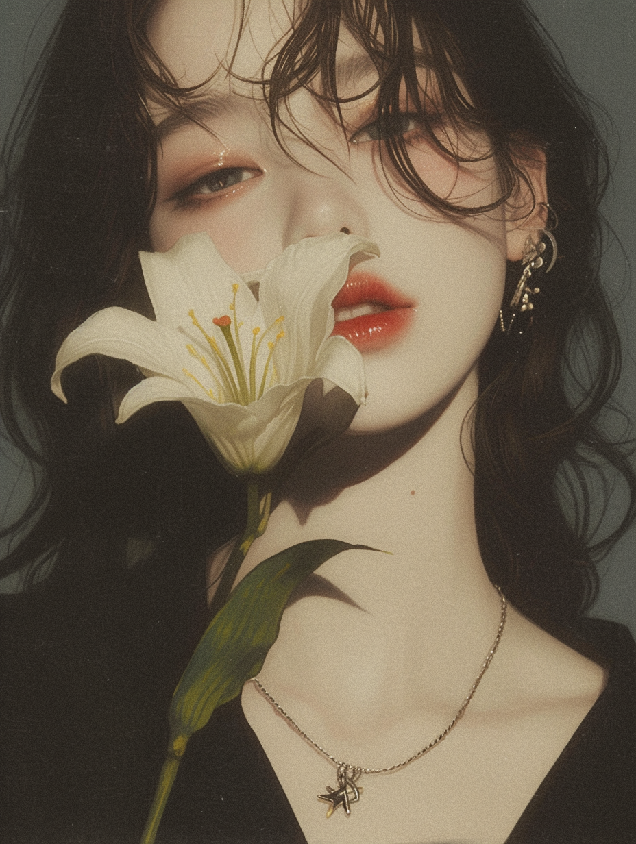 Black-hair-Red-lipstick-and-Lily