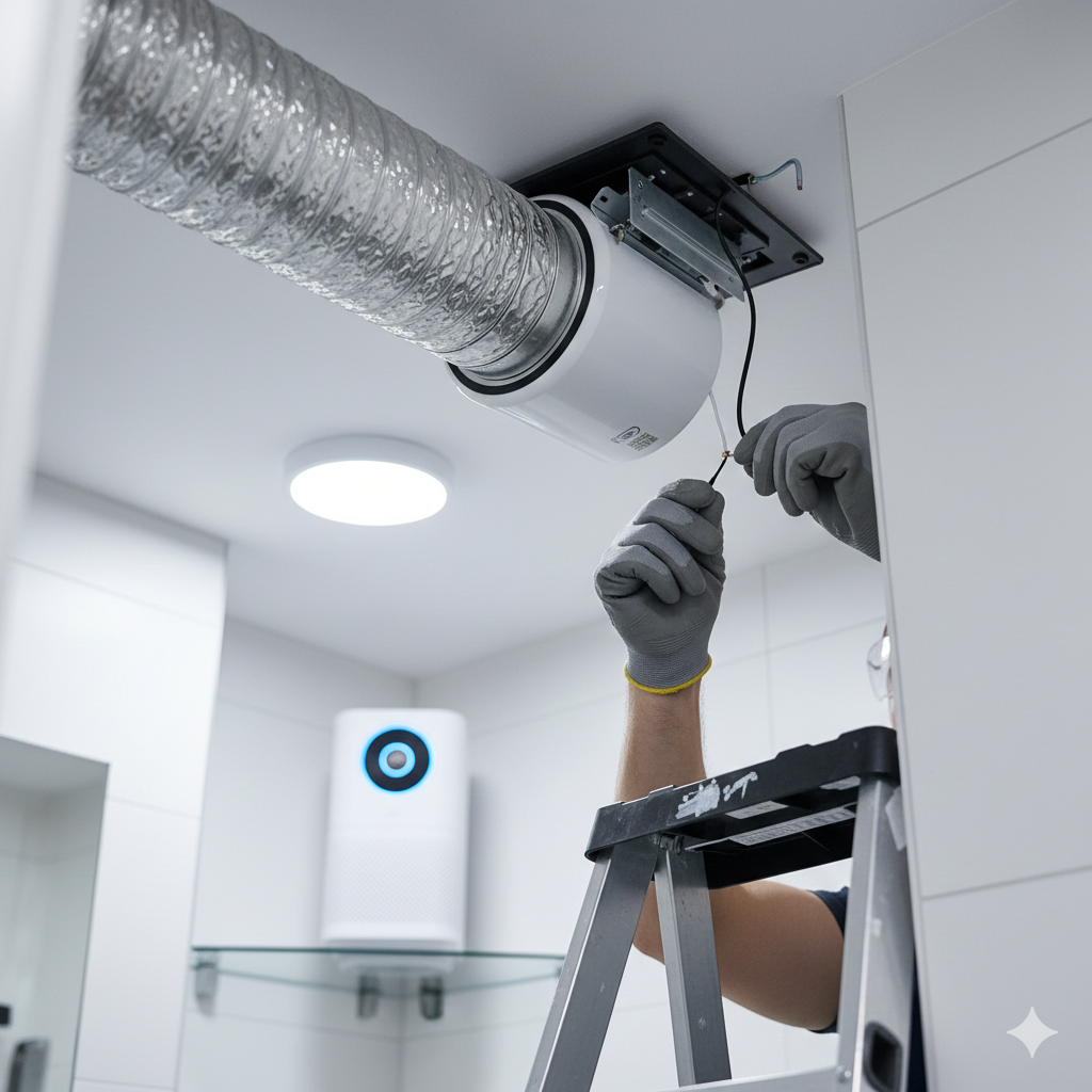 욕실 천장에서 분리된 배기 자바라 호스에 이웃집 담배 냄새 역류 방지를 위한 전동 댐퍼를 새롭게 설치하고 전선을 연결하는 실제 시공 현장 모습