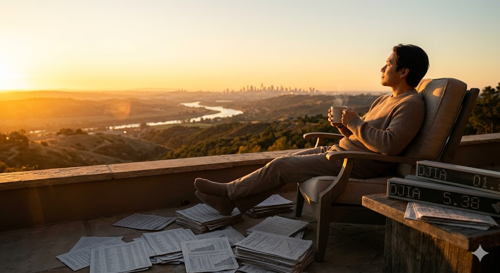 복잡한 숫자 더미 위에서 평화롭게 커피를 마시며 황금빛 지평선을 바라보는 투자자의 뒷모습