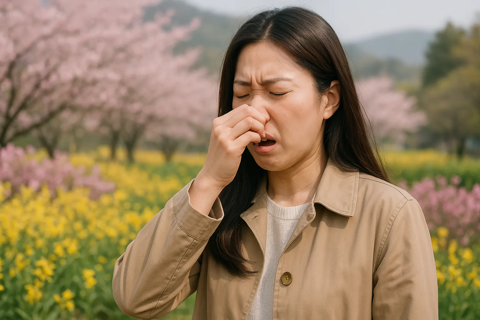 꽃밭 속에서 알레르기 반응으로 코를 문지르며 힘들어하는 여성