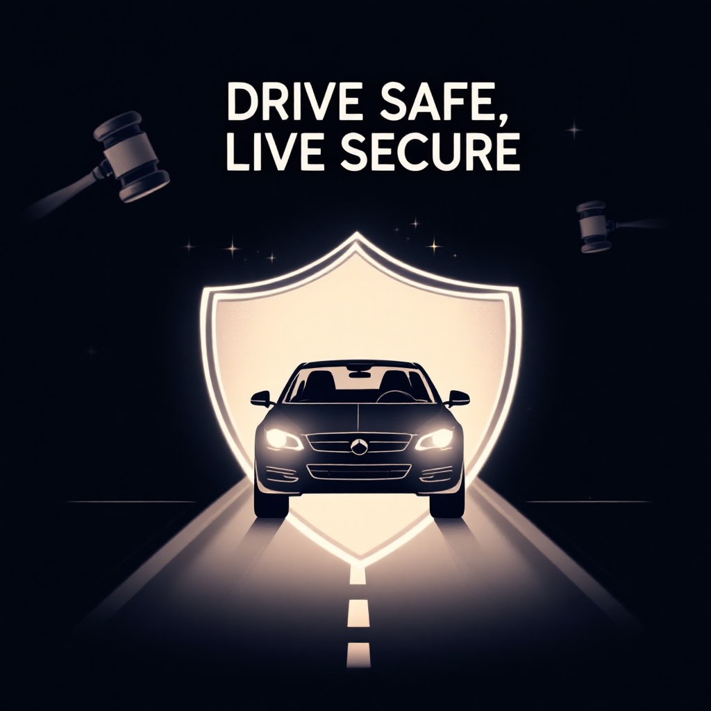 보호막으로 둘러싸인 자동차가 도로를 달리는 일러스트. 안전 운전을 상징하며 법률적인 보호를 나타내는 심플한 디자인.