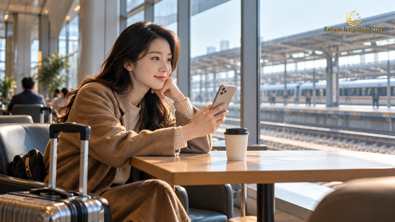조용한 역 대합실에서 다음 기차 시간표를 확인하는 여행자