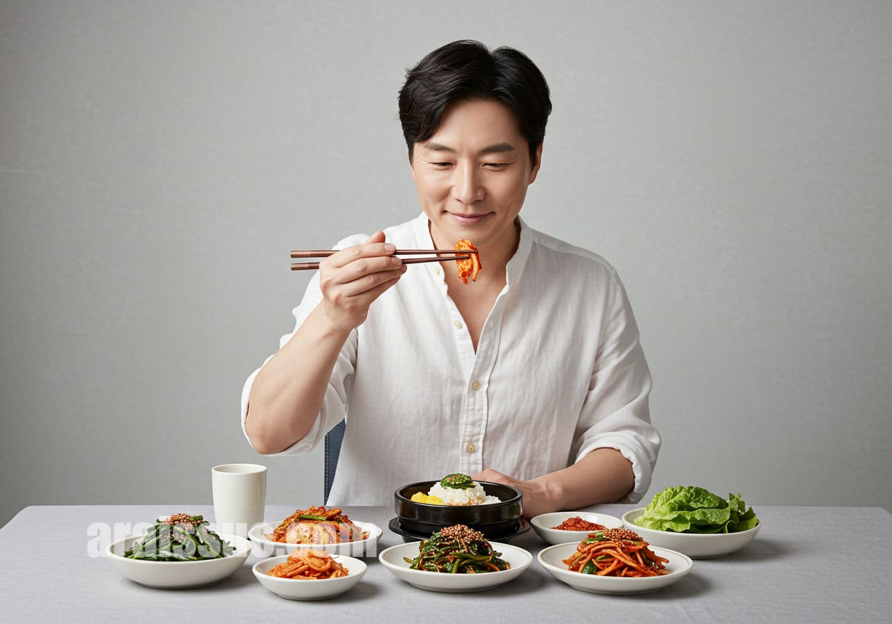 밝은 배경에서 천천히 식사하는 한국 사람