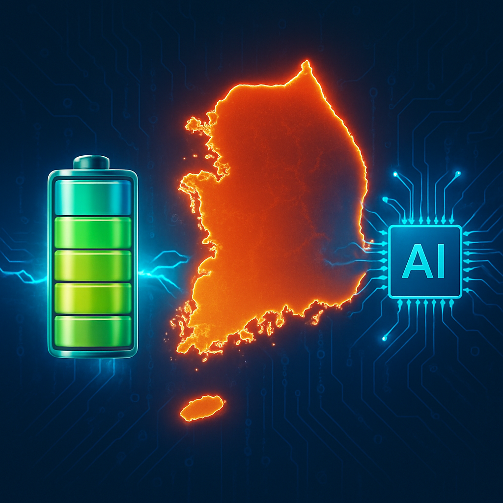 2025년, 대한민국을 움직이는 두 개의 엔진 '2차 전지'와 'AI'를 표현한 이미지