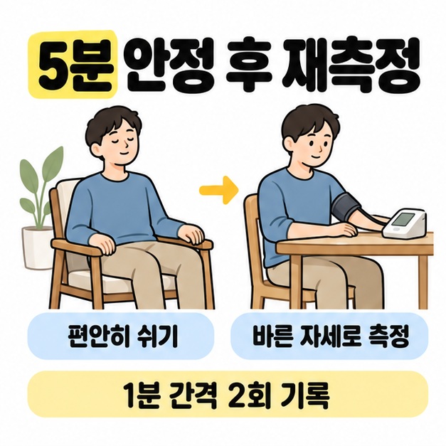 의자에서 편안히 쉬는 장면에서 위팔 혈압을 측정하는 장면으로 이어지며 5분 안정과 1분 간격 2회 기록을 안내한 그림