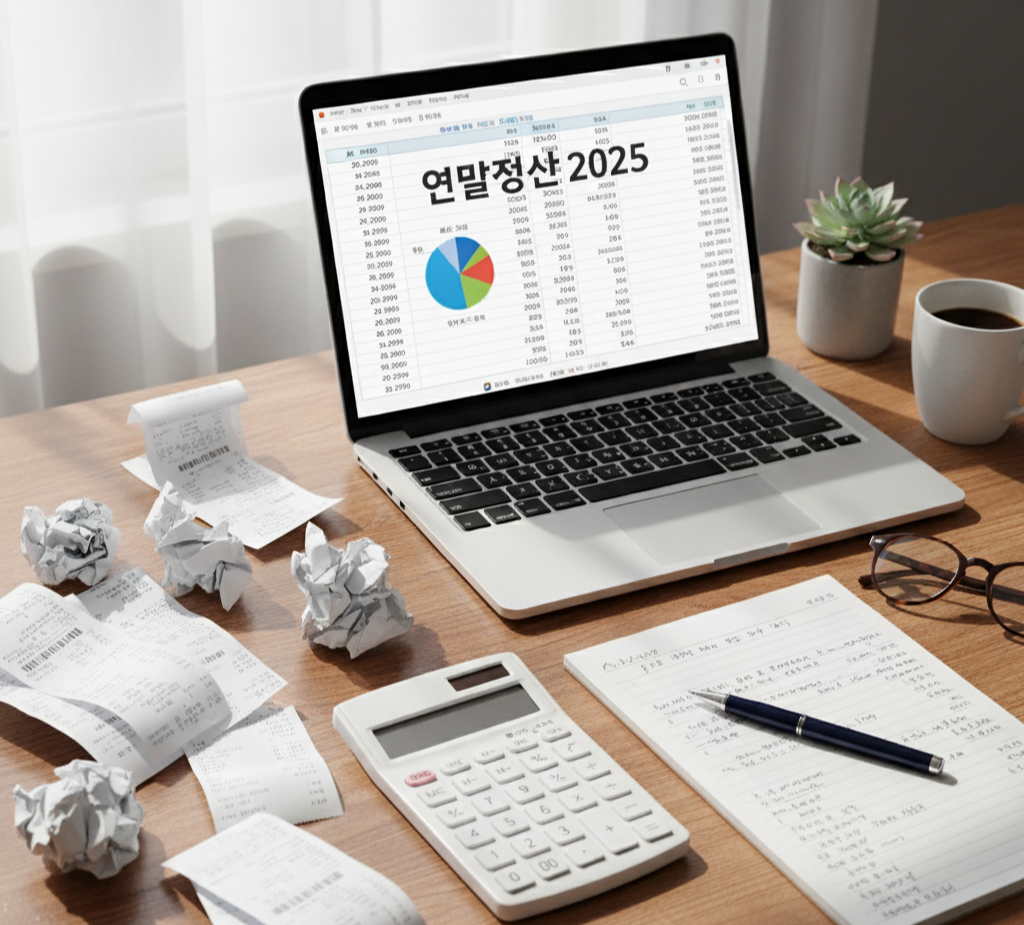 2025 연말정산 준비 - 영수증과 계산기, 노트와 커피로 절세 전략 세우는 장면