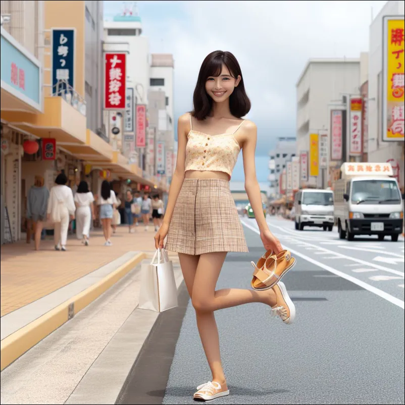 오키나와 나하시 길거리에서 사진촬영중인 여성