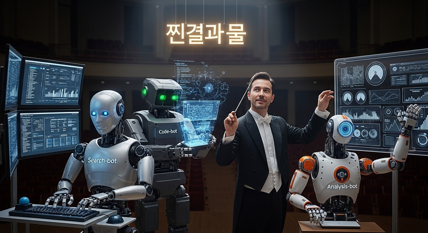 '빈이아빠'(인간)가 '오케스트라 지휘자'가 되어 AI 툴(검색/코딩/분석 로봇)들을 지휘하며 '찐결과물'을 만드는 이미지