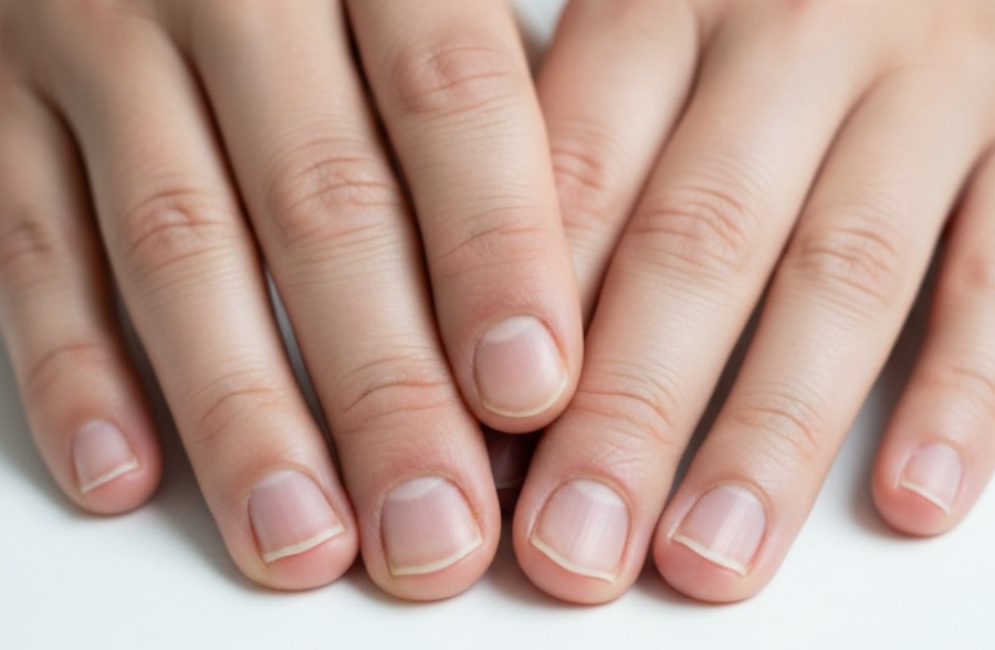 하얀 바닥 위에 양쪽 손을 쭉 펴서 손톱이 보이게 포개어 놓아둔 것을 확대를 하여 찍은 사진