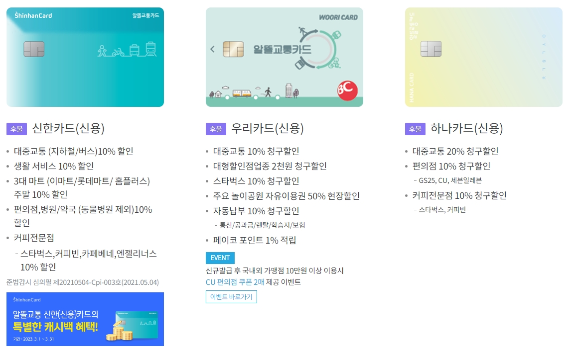알뜰교통카드 신용카드사 종류 (신한카드, 우리카드, 하나카드)