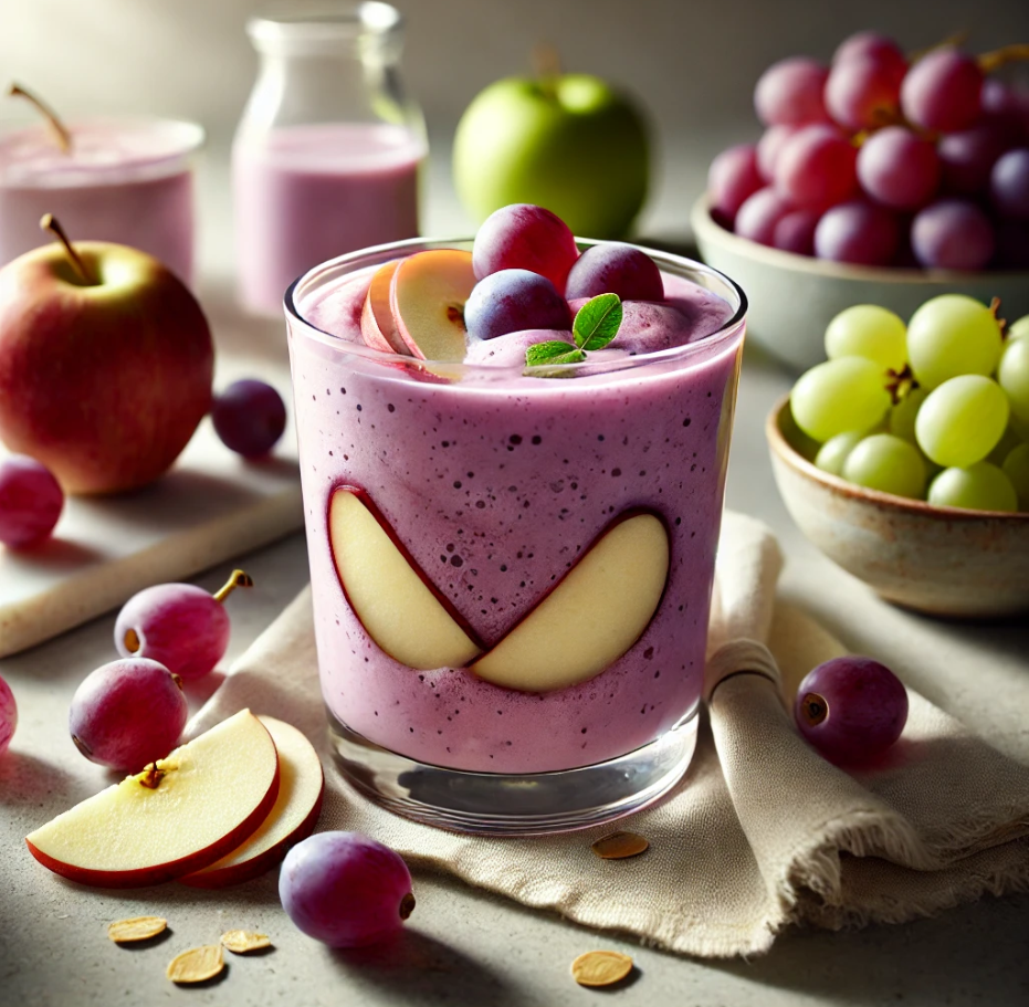 포도, 사과 등 스무디 잔이 테이블 위에 있다