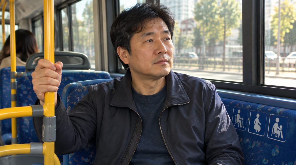 버스 손잡이를 왼손으로 잡고 통원하는 편마비 환자
