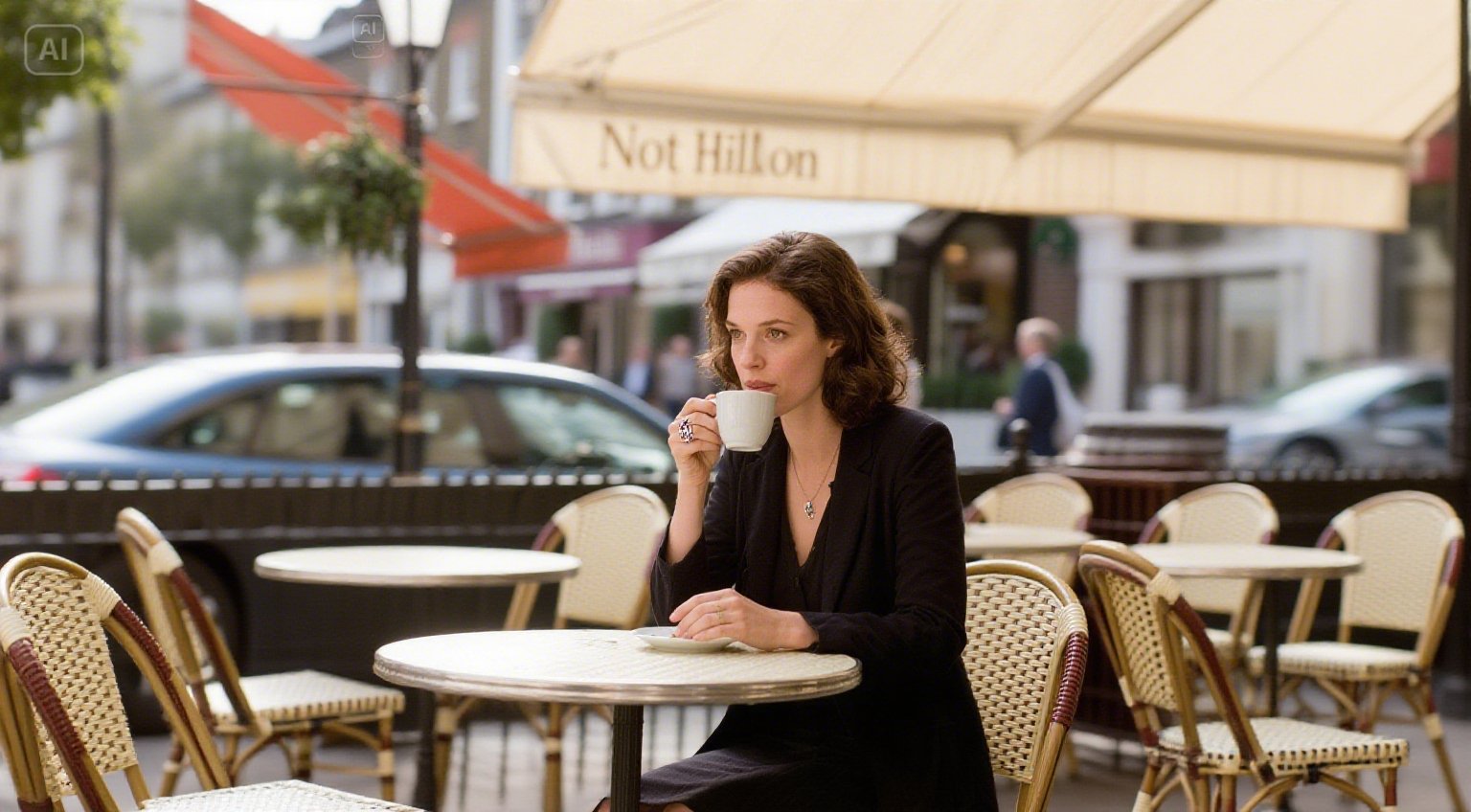 노팅힐 영화 같은 분위기의 노천카페에서 커피를 마시는 여성, 해외여행 식당 영어회화