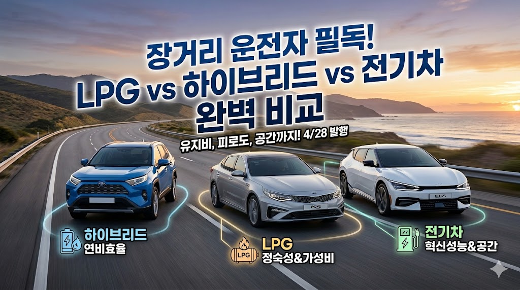 장거리 운전자를 위한 LPG, 하이브리드, 전기차 세 가지 차종의 유지비와 성능을 비교 분석하는 블로그 썸네일 이미지