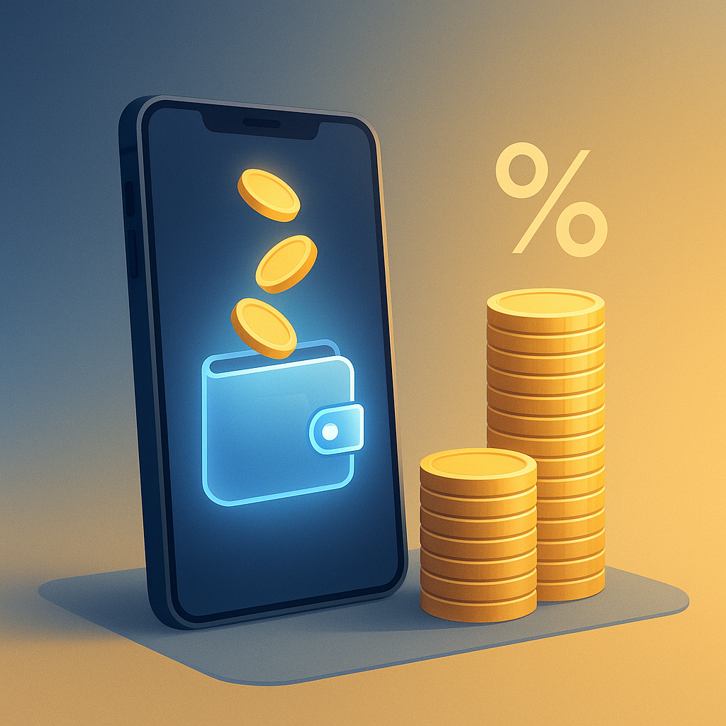 스마트폰-전자지갑에-동전이-들어가고-옆에는-금화-더미와-퍼센트-기호가-함께-표현된-장면으로-전자지갑-충전금에-이자가-붙을-수-있는-가능성을-상징한-이미지