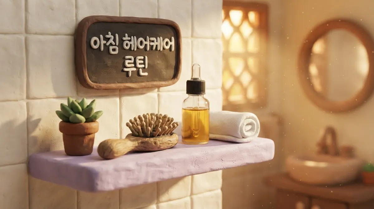 따뜻한 아침 햇살이 들어오는 욕실 선반에 보라색 볼팁 헤어브러시와 금빛 헤어 오일 병, 흰색 수건이 정돈되어 놓여 있는 프리미엄 클레이 애니메이션 라이프스타일 이미지