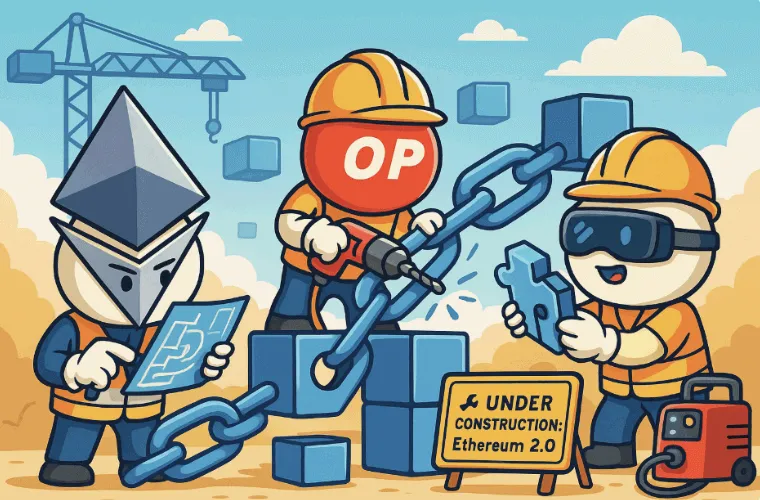 Ethereum 2.0 기술 진화’를 주제로 한 대표 이미지. 헬멧을 쓴 이더리움, 롤업(OP) 캐릭터들이 블록체인 체인을 조립 중인 공사 현장을 묘사하며, 이더리움 생태계의 지속적인 업그레이드와 구조 개편을 유쾌하고 직관적으로 전달함. 블록체인 기술 카테고리 전체를 대표하는 상징적 일러스트 (ethereum 2.0, blockchain evolution, modular upgrade, rollup, cartoon illustration)