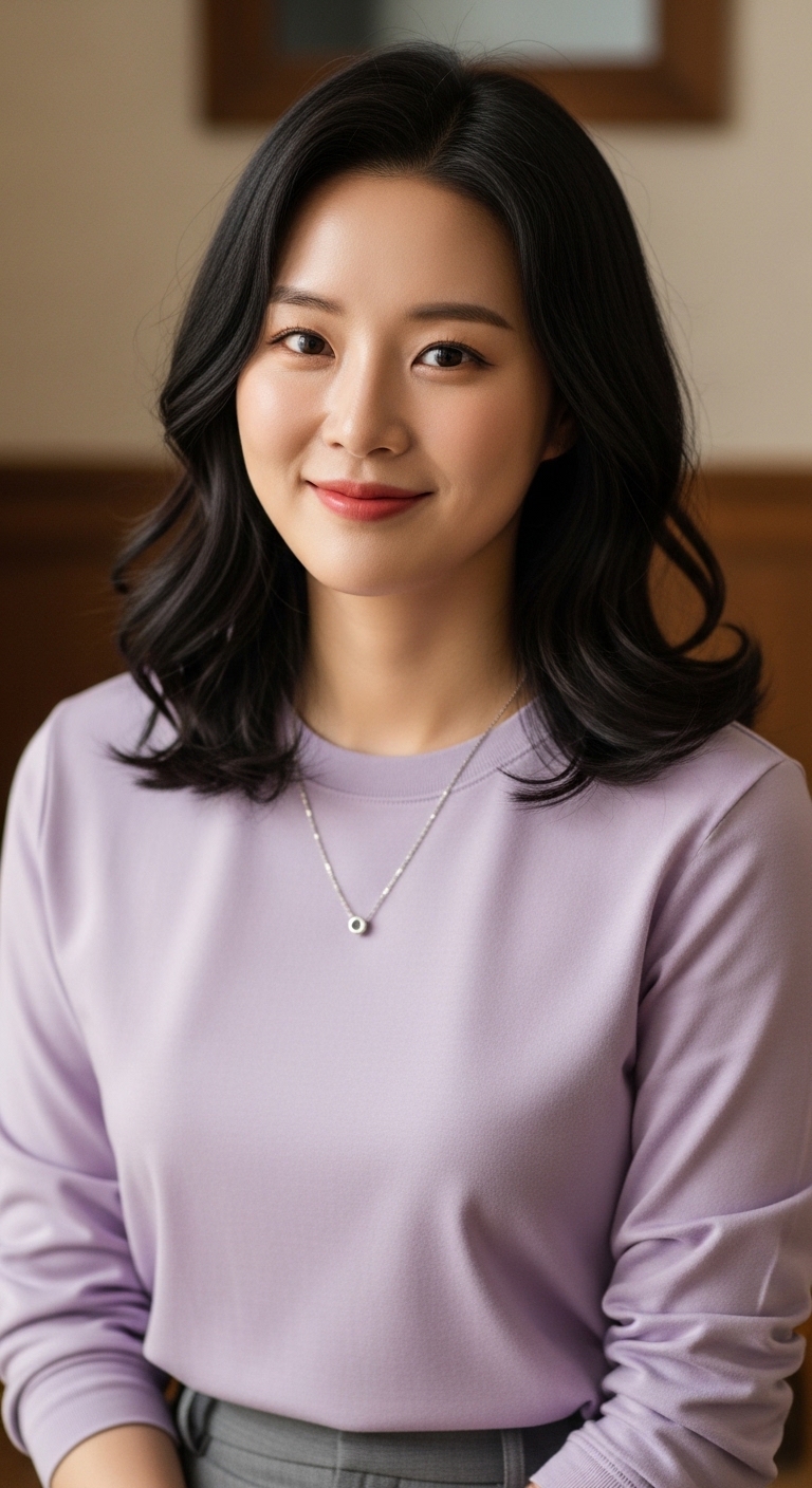 라벤더 셔츠와 그레이 슬랙스, 실버 목걸이가 매치된 상세 컷