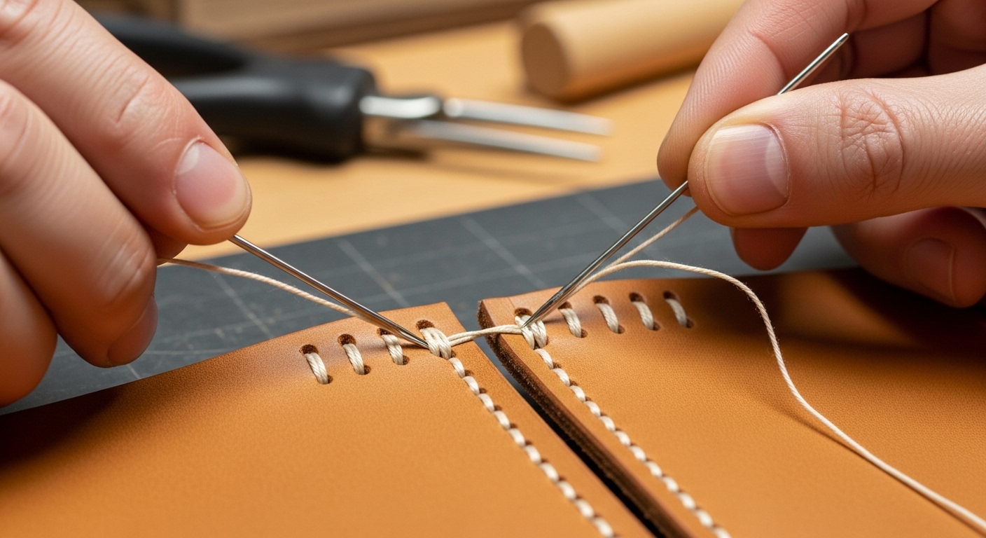 두 개의 바늘과 왁스 코팅된 실을 이용해 가죽 조각을 새들 스티치로 손바느질하는 손의 클로즈업. 일정한 간격으로 놓인 바느질 구멍과 튼튼하게 엮인 실이 보인다.