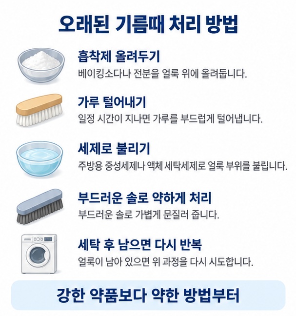 오래된 기름때에 베이킹소다 전분 액체세제 주방세제를 사용하고 세탁 후 건조 전에 얼룩 잔존 여부를 확인하는 이미지