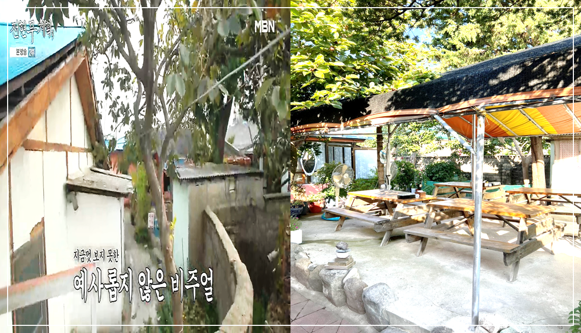 허름한 외관과 다른 속초 춘선네의 넓은 야외 공간과 테이블