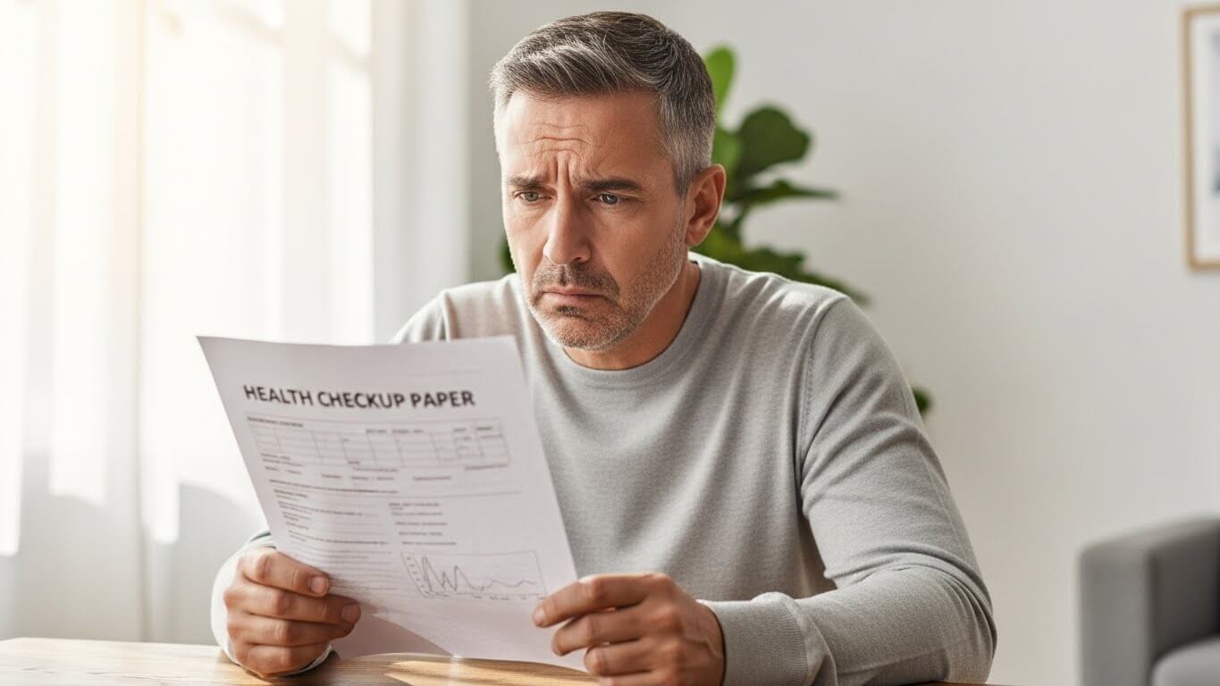 건강검진 후 콜레스테롤 수치 때문에 고민하는 중년의 모습