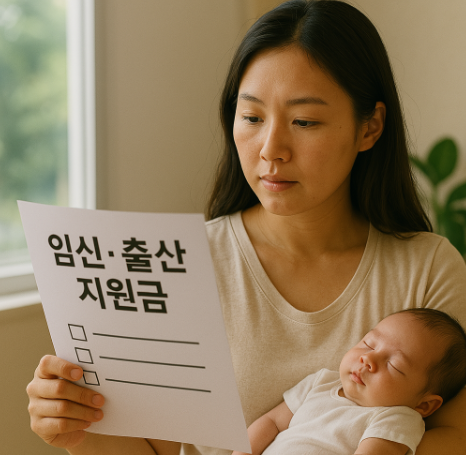 임신, 출산 지원금 글을 보고 있는 엄마의 사진