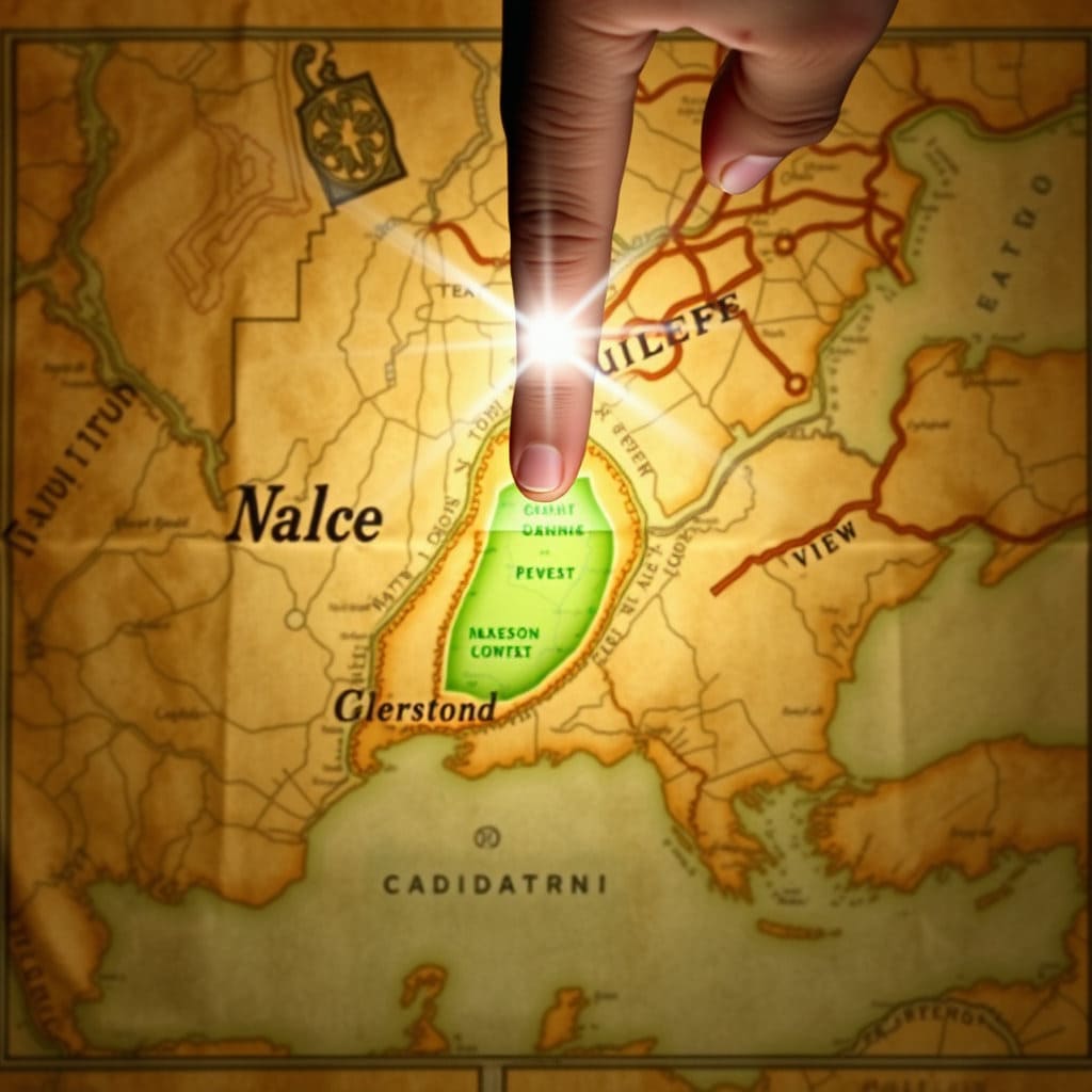 낡고 바랜 종이 지도(지적원도) 위에 투명한 현대 디지털 지도가 겹쳐져 있고, 특정 지점에 밝은 빛이 비추는 모습입니다. 손가락이 그 지점을 가리키고 있어 발견의 순간을 강조합니다.