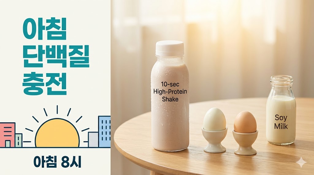 A diet morning meal image displaying a protein shake bottle, two boiled eggs in egg cups, and a glass jar of soy milk on a wooden table lit by morning sunlight. On the left side, a rising sun city illustration is featured along with the guiding captions "Quick Morning Protein Charge" and "08:00 AM".