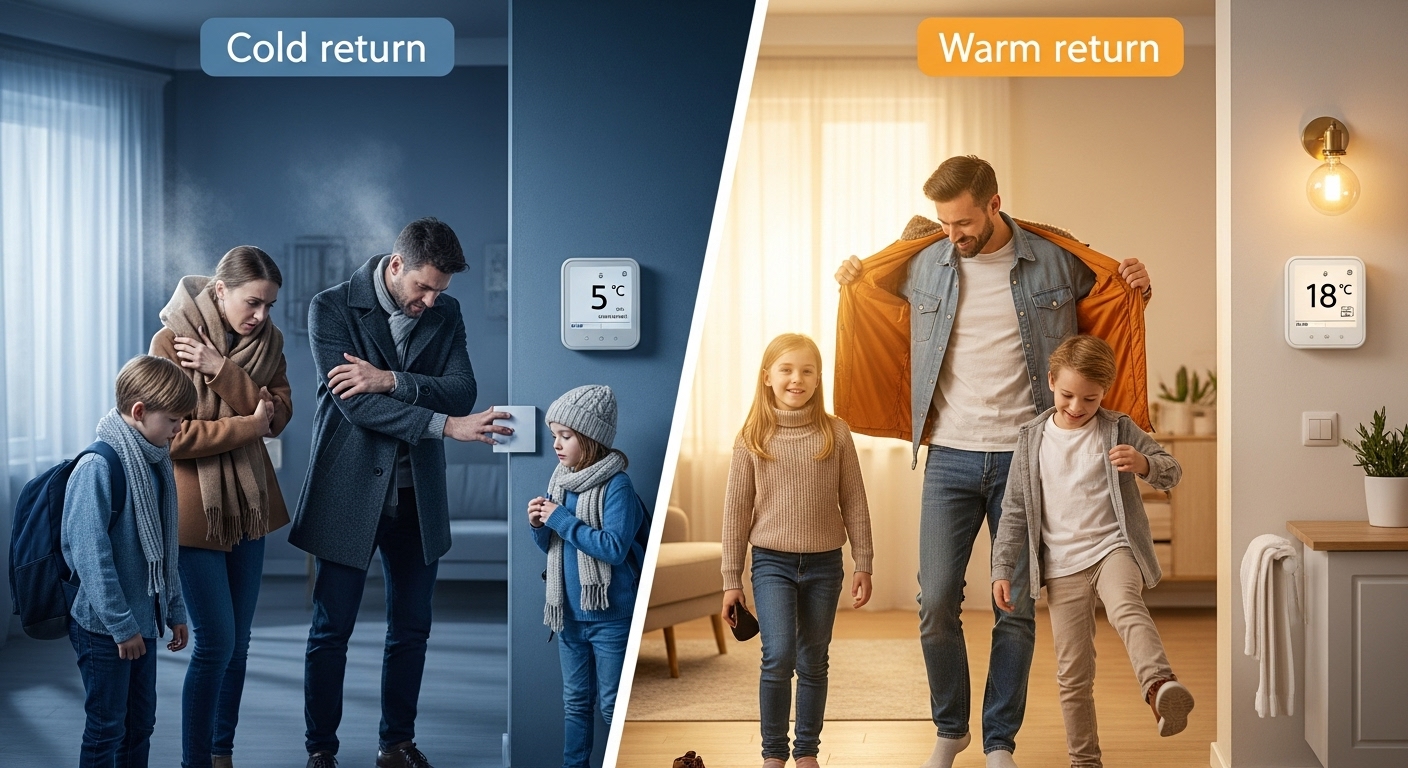 단시간 외출 시 보일러를 끄고 돌아와 추운 집과, 낮은 온도로 유지하여 따뜻한 집을 비교하는 이미지.